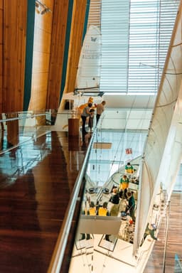 From the Swan River gallery walkway, viewing the Australia II yacht with the ocean through the large windows beyond is a highlight of the Museum.