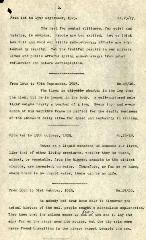 A typewritten yellowed paper with long and difficult paragraphs of text.