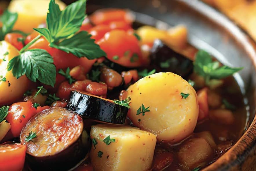 A colourful medley of cooked vegetables including eggplant, potatoes and tomoatos in an earthenware dish